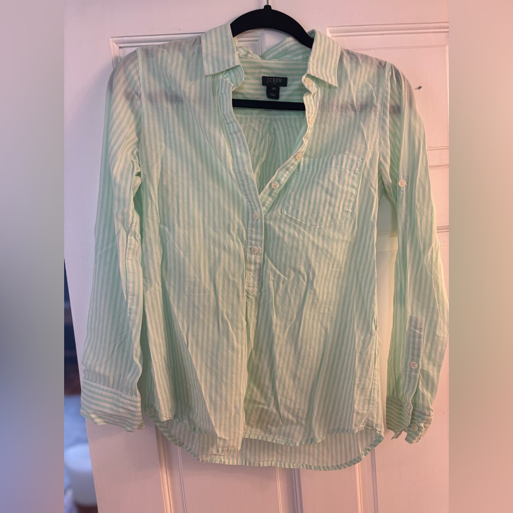 Jcrew green and white pinstripe blouse